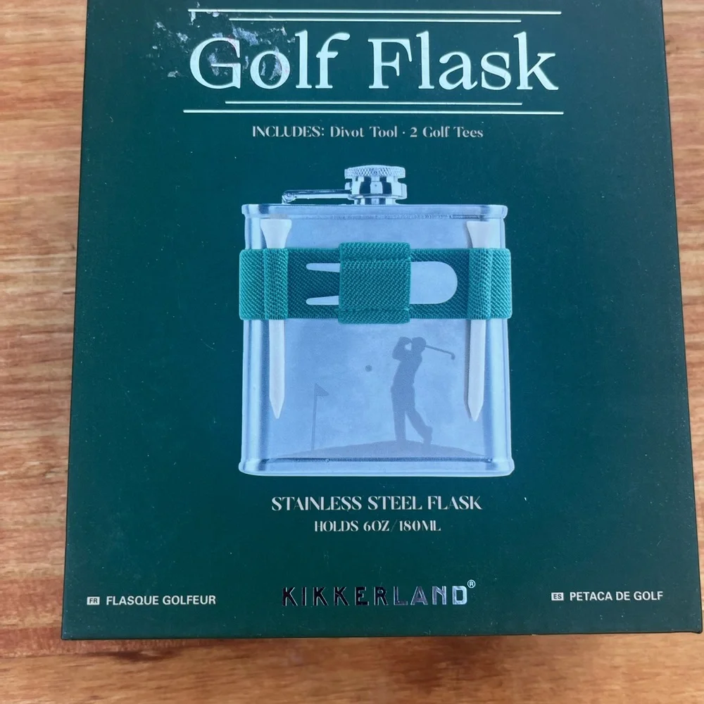 NEW Kikkerland Golf Stainless Steel Flask with Green Holder (Holds 6oz)